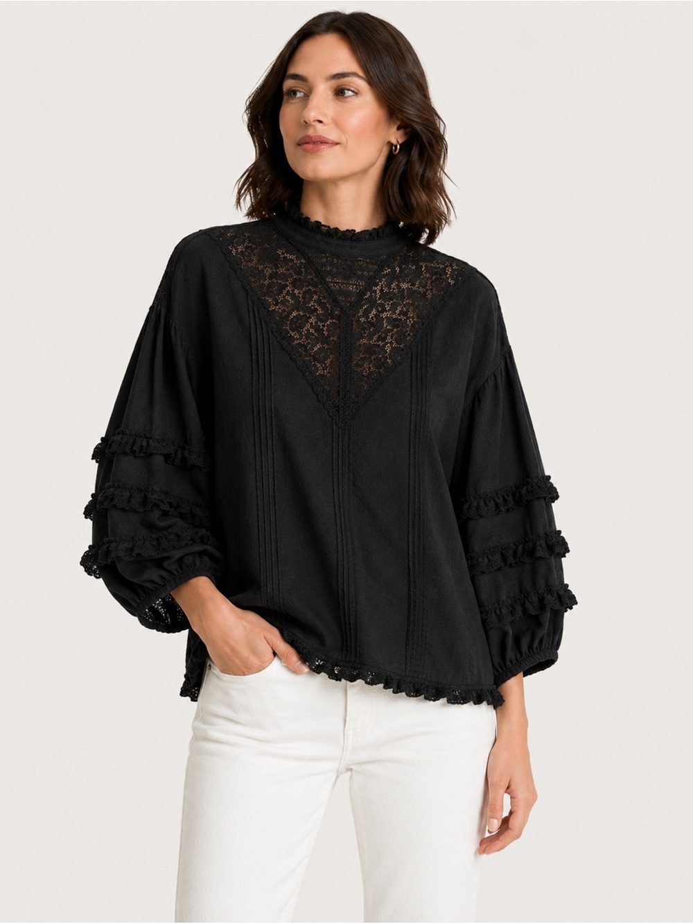 Frye Black Lace Boho Peasant Blouse Women’s Size Large